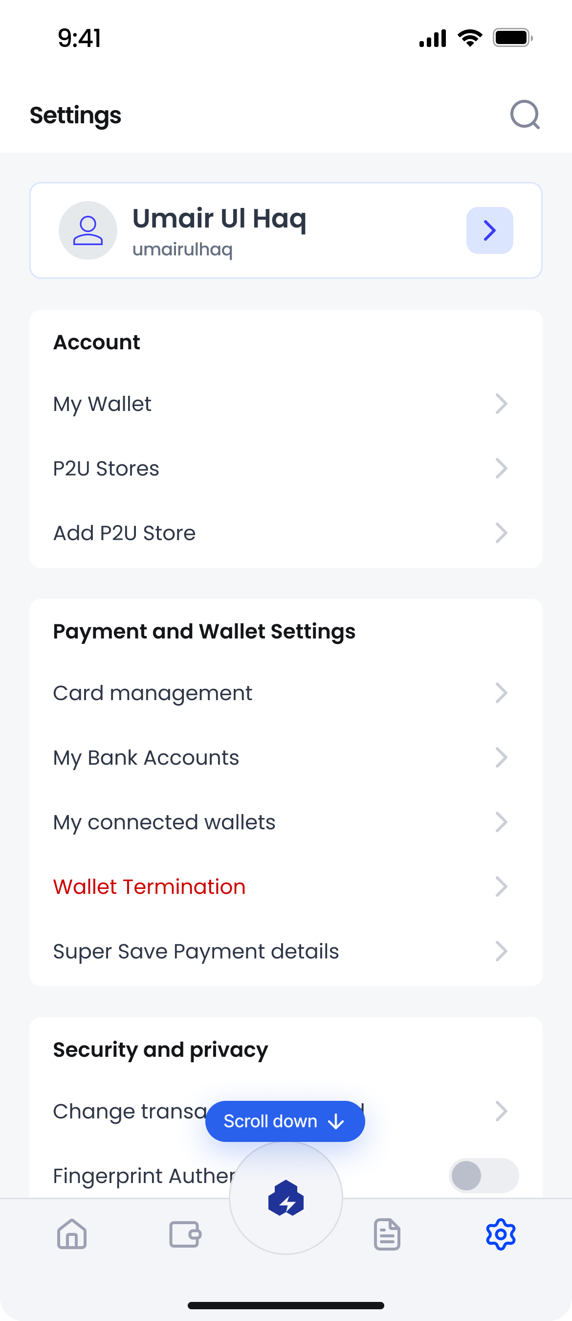 Account and wallet settings